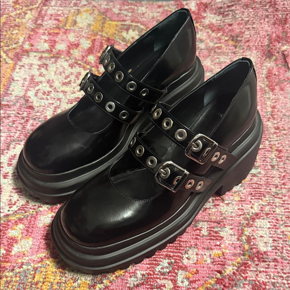 Black Patent Double-Strap Mary Jane Platform Loafers Goth Alt y2k